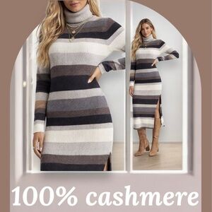 $258 NEW Charter Club Women's Cashmere Striped Turtleneck Midi Dress,M/L